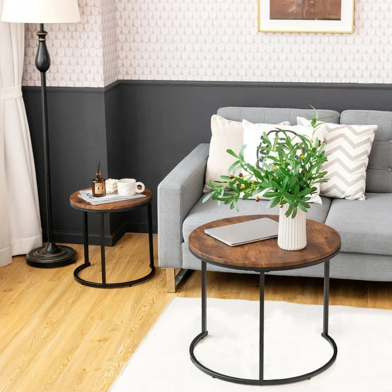 Set of 2 Contemporary Round Stacking Nesting Coffee Tables