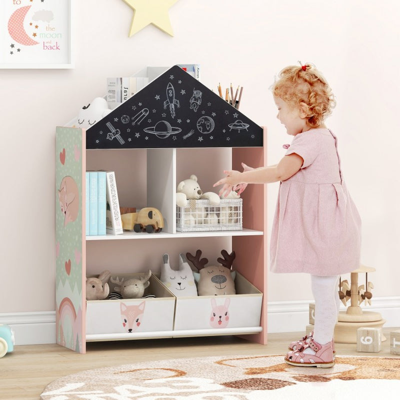 Children's Playhouse Bookshelf with Integrated Chalkboard and Whiteboard for Ages 3-6