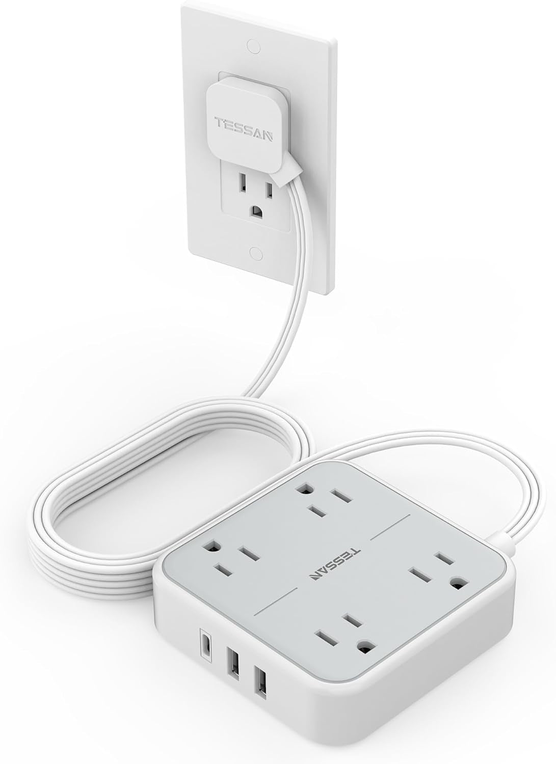 Flat Plug Power Strip with Surge Protection, 5-Foot Extension Cord, 4 Outlets and 3 USB Ports (1 USB-C), Gray
