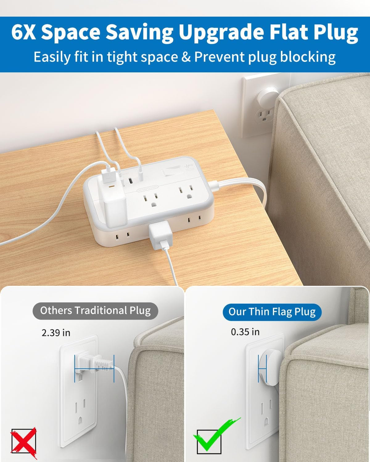 Flat Plug Surge Protector Power Strip - 6 Outlets and 4 USB Ports (2 USB-C), 5 Ft Flat Extension Cord for Home, Office, Dorm Room Use