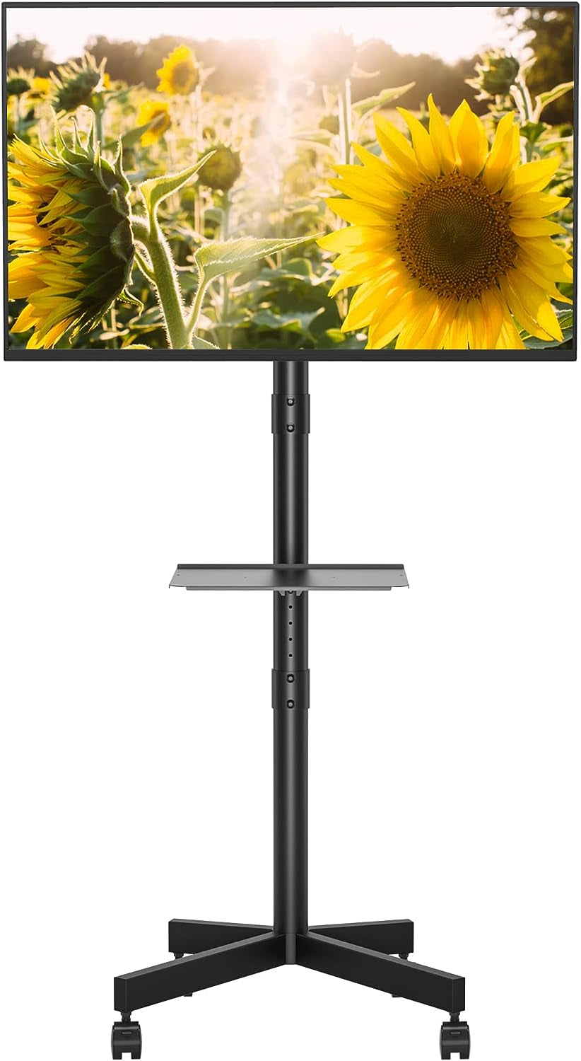 Mobile TV Stand with Adjustable Height for 23-60 Inch Screens, Rolling Locking Wheels and Media Shelf, VESA (75x75mm to 400x400mm), 88 lbs- Black