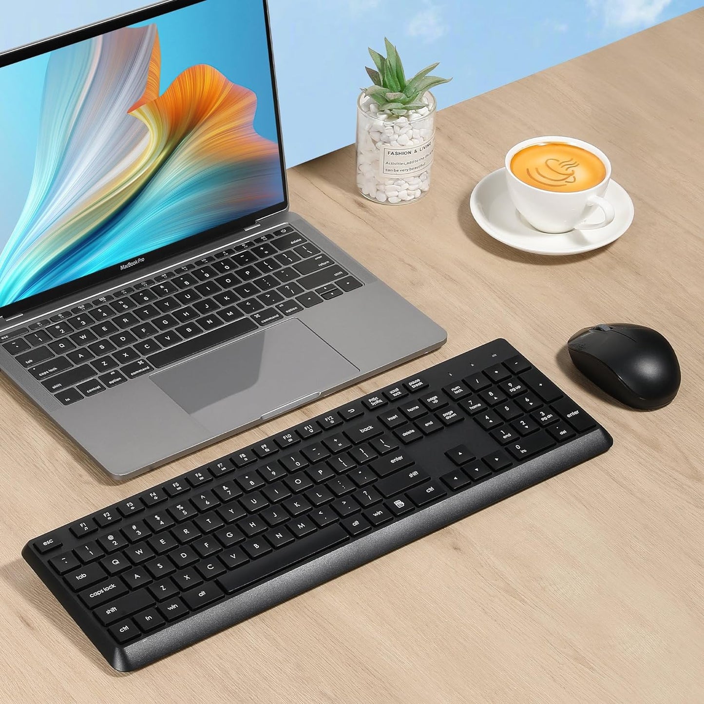 Wireless Keyboard and Mouse Set for Windows - Full-Sized Cordless Keyboard and Silent 1600 DPI Mouse with USB Receiver (Black)