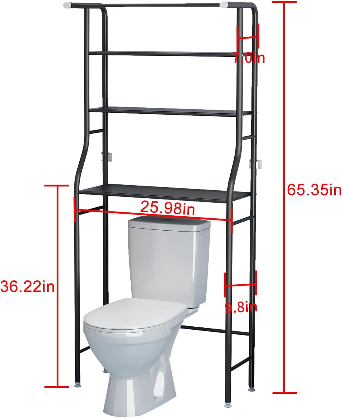 3-Tier Over-the-Toilet Bathroom Storage Rack and Corner Organizer with Hanging Rod, Black