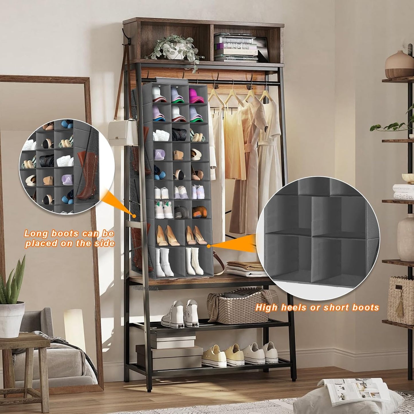 Hanging Shoe Organizer with 25 Sections and 4 Large Side Pockets for Closet Storage - Collapsible Shoe Rack in Gray