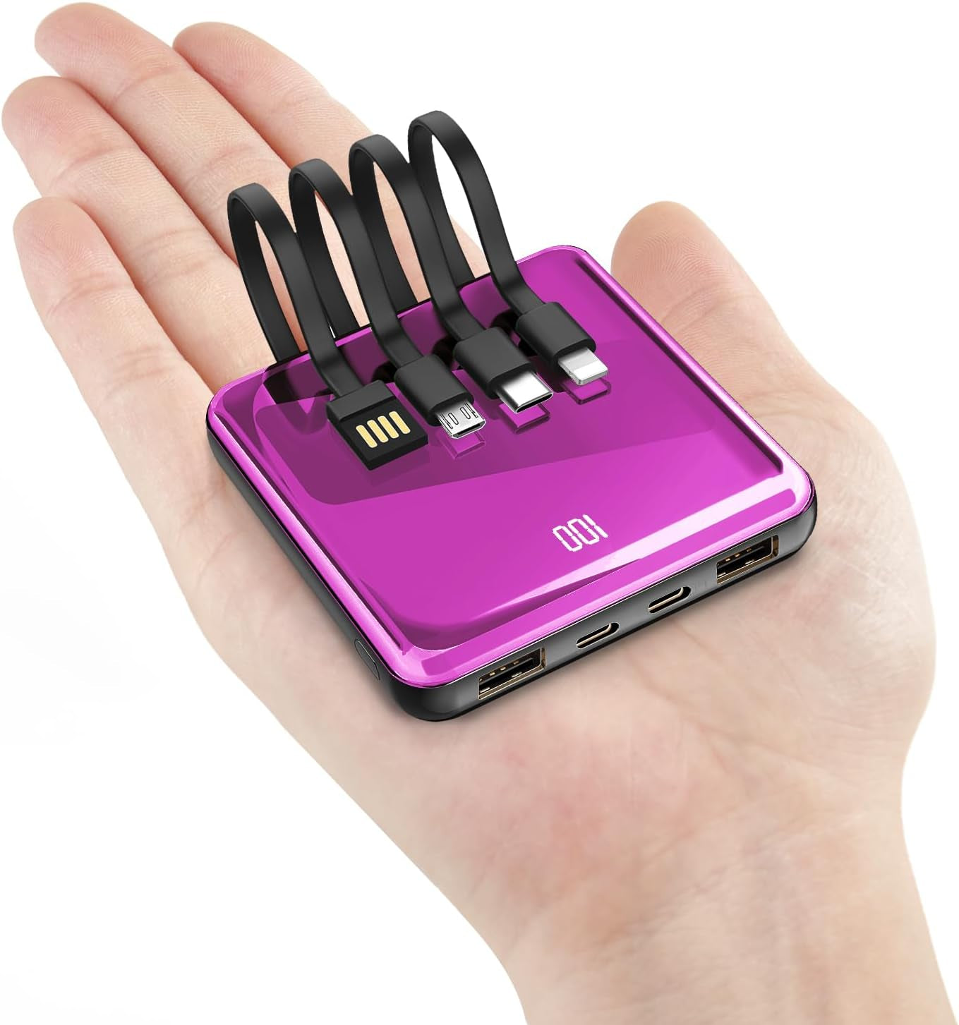 10000mAh Slim Portable Charger with Integrated Cables and LED Display - Versatile External Battery Pack with 4 Inputs and 5 Outputs
