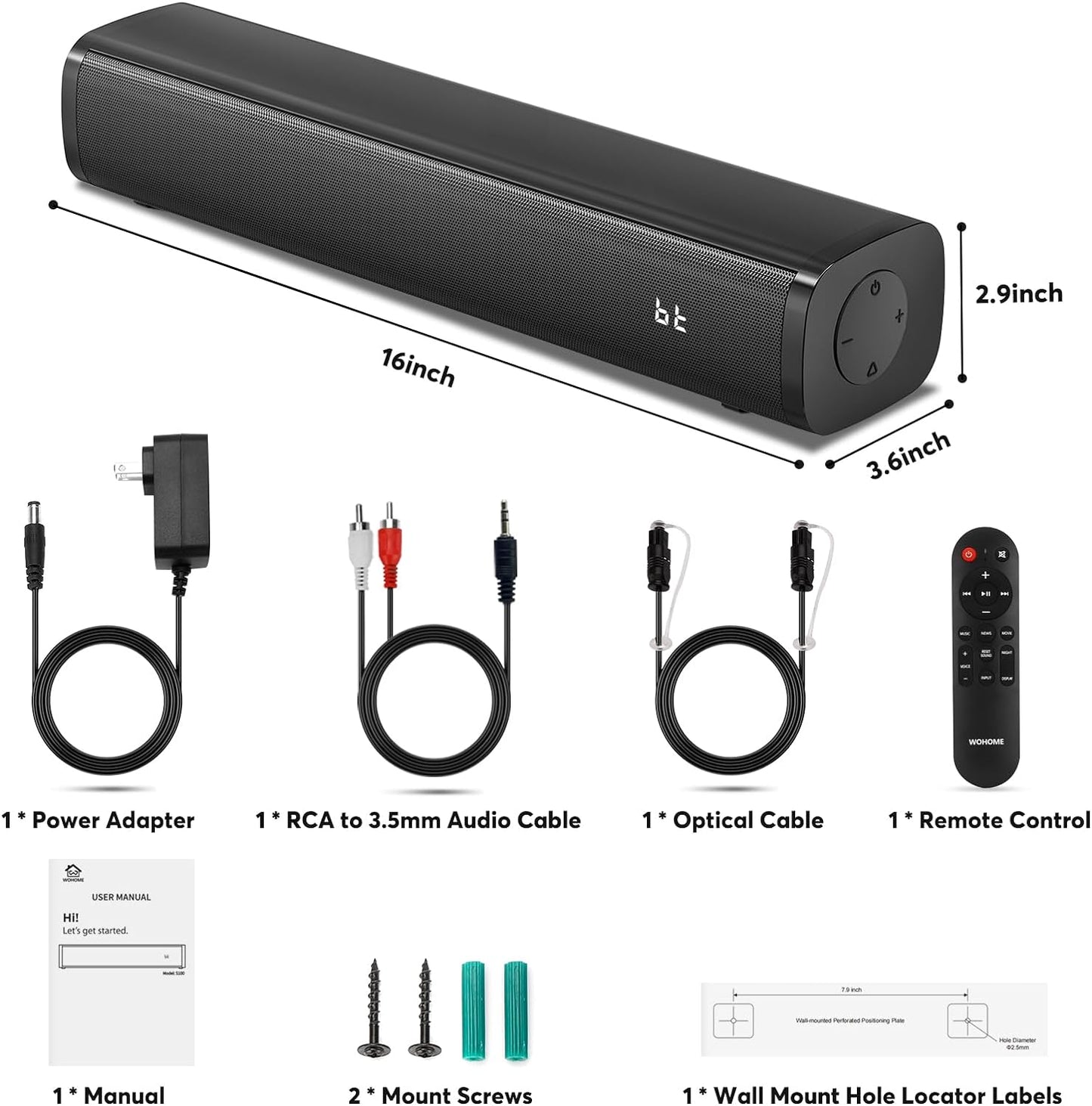 2.1 Channel Compact Sound Bar - Integrated Subwoofer and 6-Level Voice Enhancement, 16-Inch Bluetooth Speakers, Optical, Aux, USB Connectivity (Black)