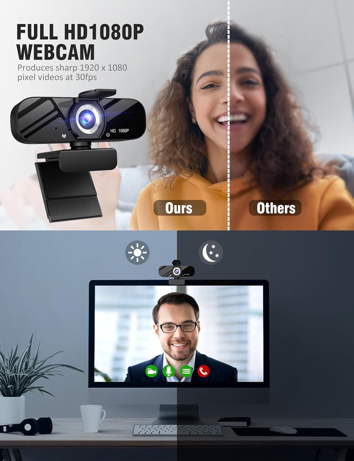 Full HD 1080P Webcam - Wide Angle Lens, Integrated Microphone, Adjustable Tripod - Laptop Desktop - Live Streaming, Video Conferencing (Black)