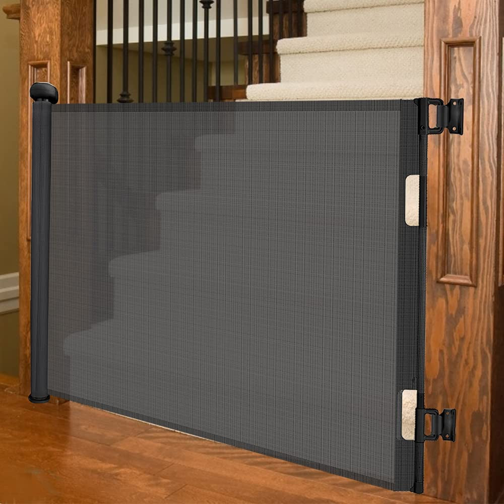 Retractable Safety Mesh Baby and Dog Gate - 33" Tall, Extends up to 55" Wide for Stairs, Doorways, Hallways, and Banisters (Black)