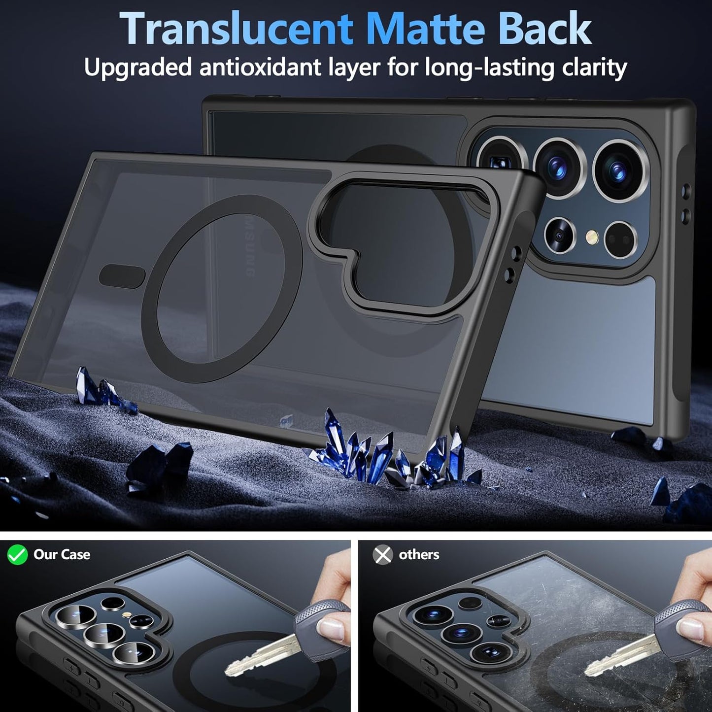 Samsung Galaxy S24 Ultra Case with Screen Protector - Magnetic Shockproof Translucent Matte Back Bumper Cover, Black