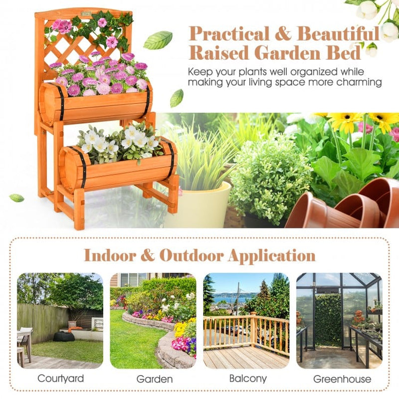 Two-Tier Raised Garden Bed with Dual Cylindrical Planter Boxes and Integrated Trellis