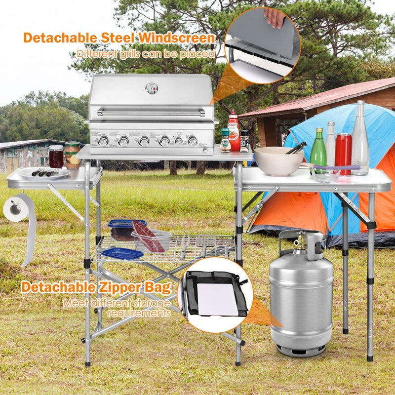 Portable Outdoor BBQ Grilling Table with Protective Windscreen Bag