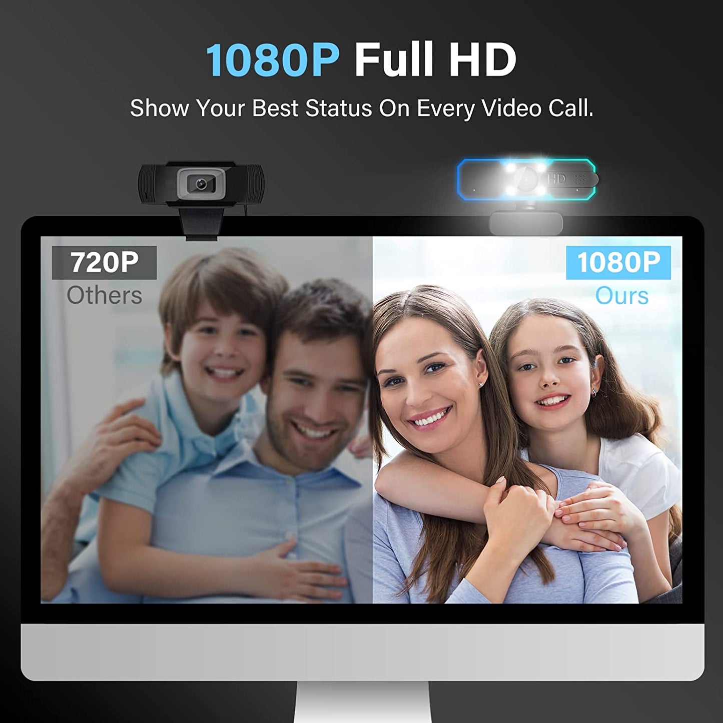 1080P 60FPS Streaming Webcam - Microphone and Fill Light, Autofocus, Compatible with Zoom, YouTube, Windows, Mac, and PC