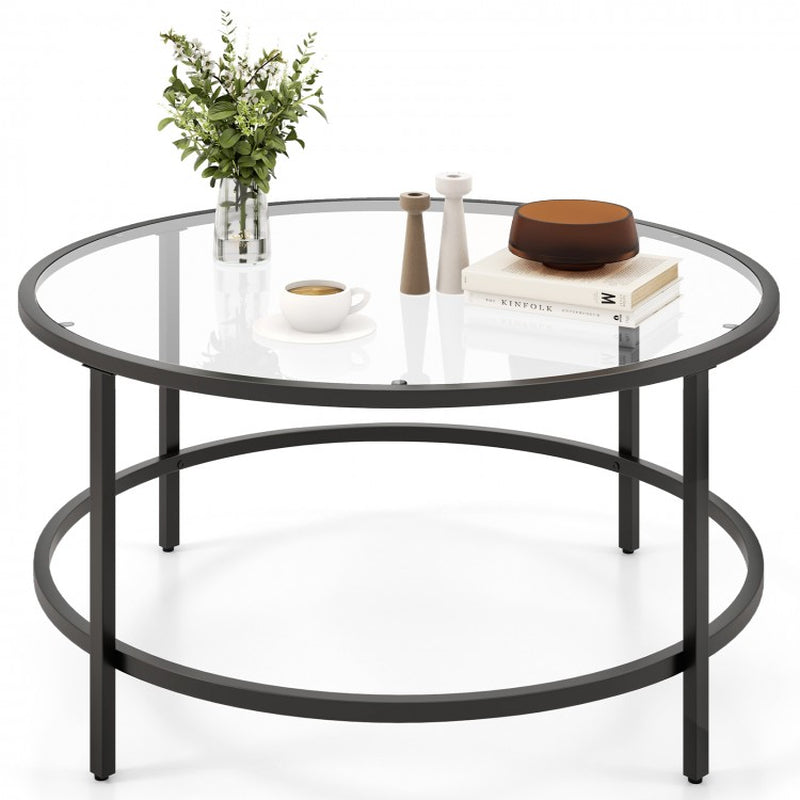 35.5-Inch Round Coffee Table with Tempered Glass Top