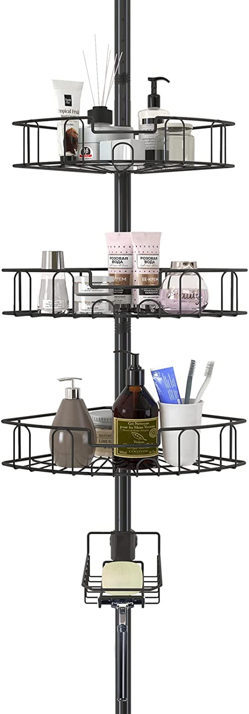 Rustproof Adjustable Shower Caddy - Tension Pole Corner Organizer for Bathroom and Bathtub Storage, 39-125 Inches, Black