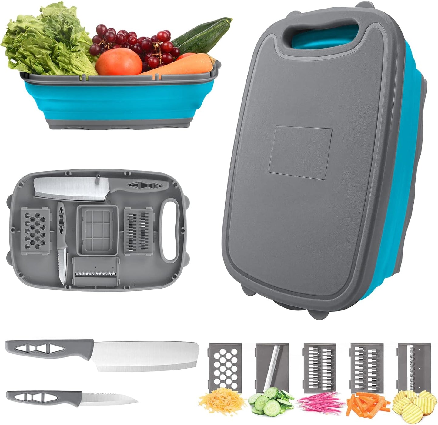 Collapsible 9-in-1 Camping Cutting Board with Colander - Multi-Functional Chopping Board and Vegetable Washing Basket