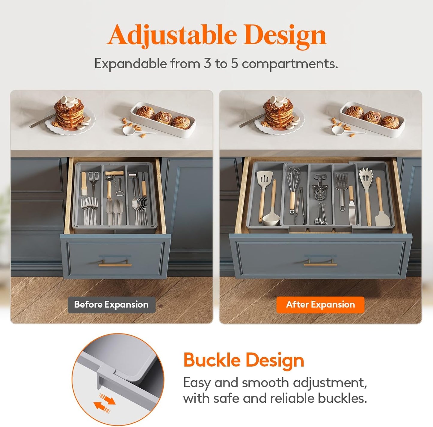 Expandable Kitchen Utensil Organizer Tray - Adjustable Cutlery and Silverware Holder, Large Gray Plastic Storage Divider