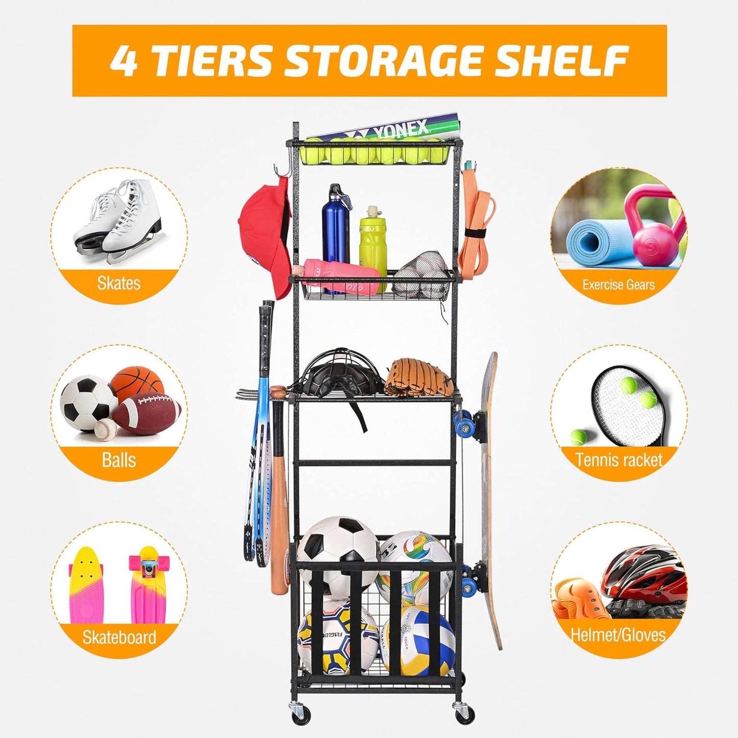 Sports Equipment Organizer for Garage - Ball Storage Rack with Hooks and Baskets for Basketball, Football, and Soccer (Black)