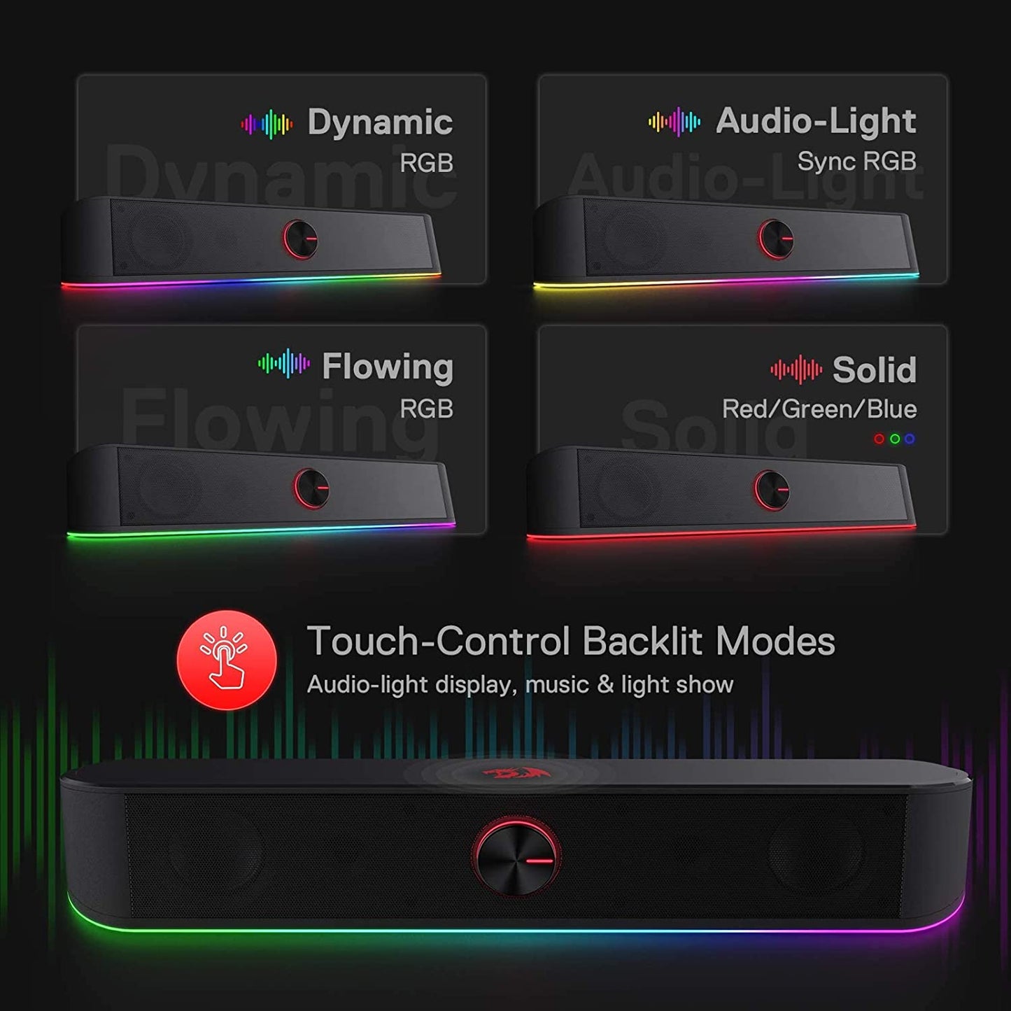 RGB Desktop Soundbar - 2.0 Channel Computer Speaker with Dynamic Audio-Light Sync, Touch-Control Backlit Volume Knob, USB Powered with 3.5mm Cable