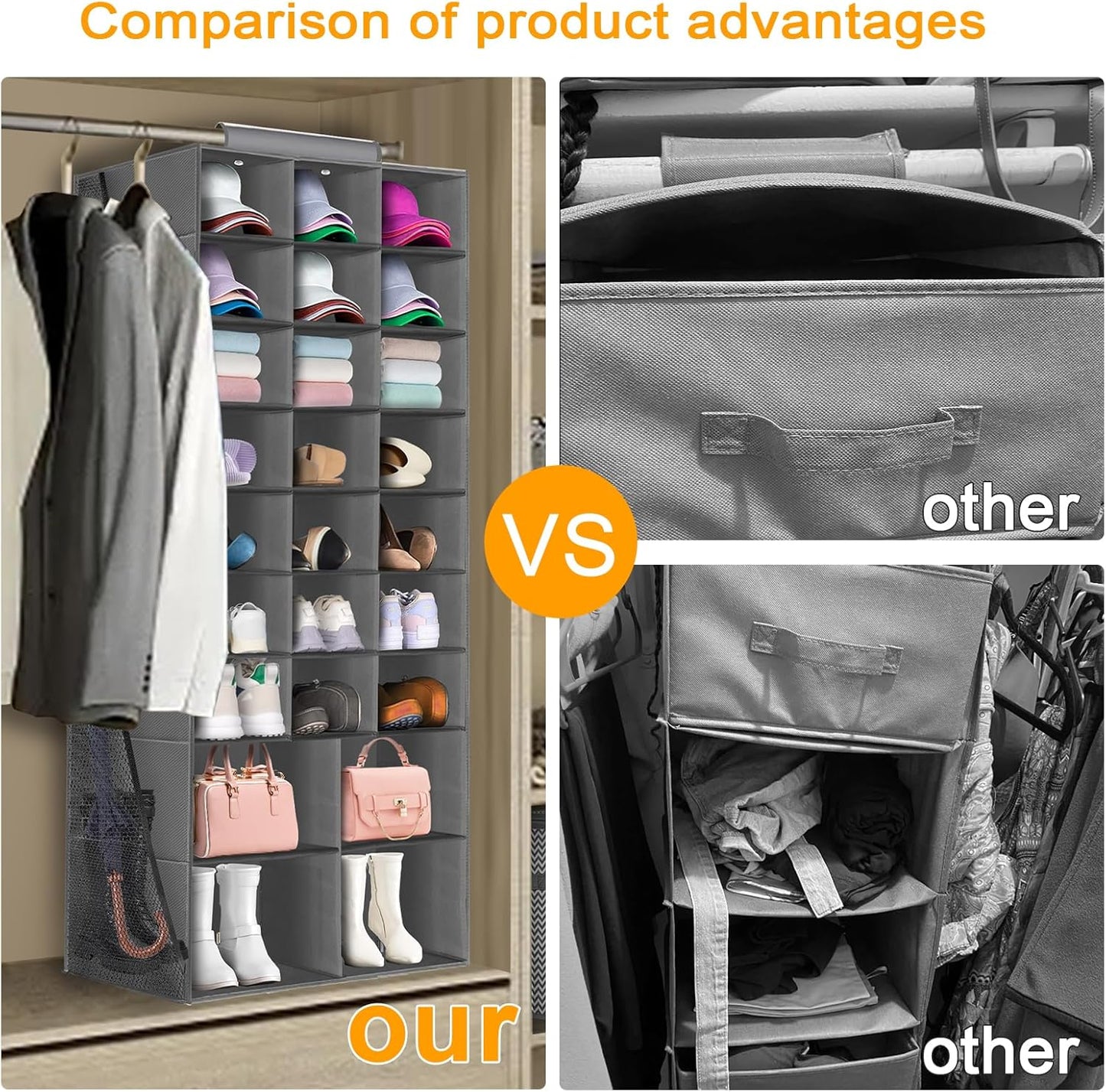 Hanging Shoe Organizer with 25 Sections and 4 Large Side Pockets for Closet Storage - Collapsible Shoe Rack in Gray