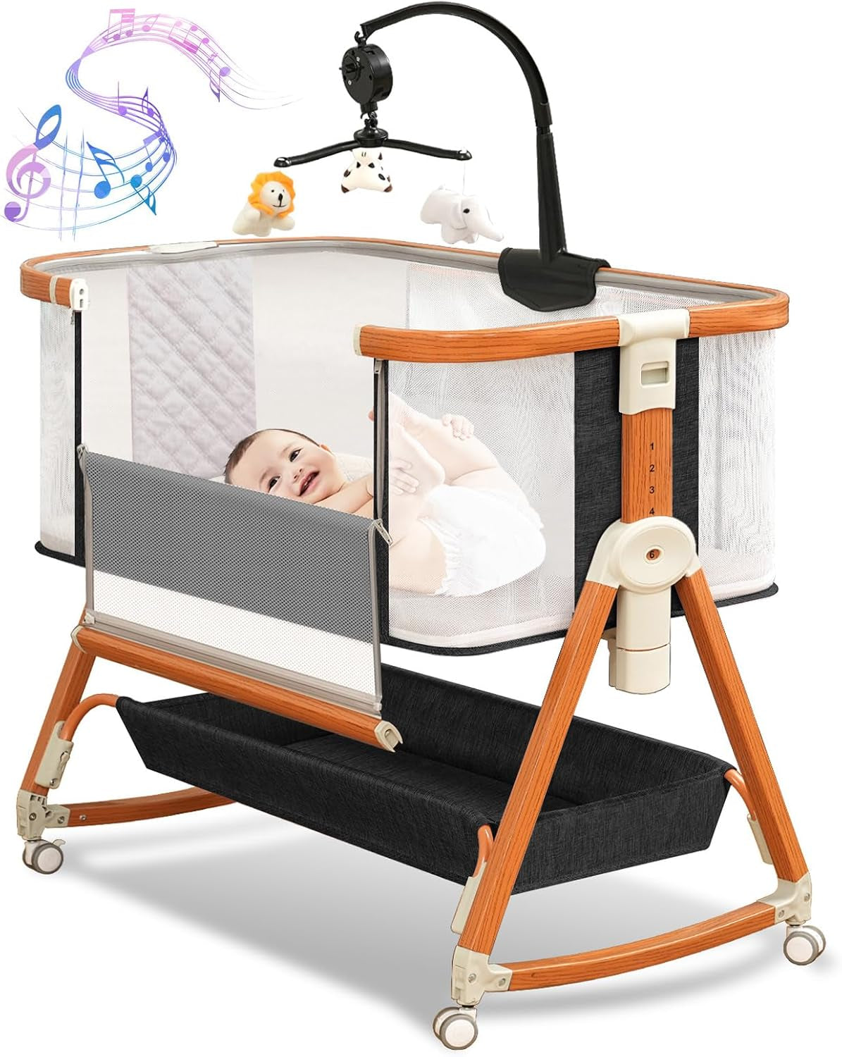 3-in-1 Adjustable Height Baby Bassinet - Musical Toy, Wheels, Storage Basket - 4-Sided Mesh Bedside Sleepe, Newborns (0-6 Months) Black