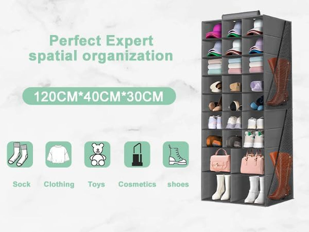 Hanging Shoe Organizer with 25 Sections and 4 Large Side Pockets for Closet Storage - Collapsible Shoe Rack in Gray