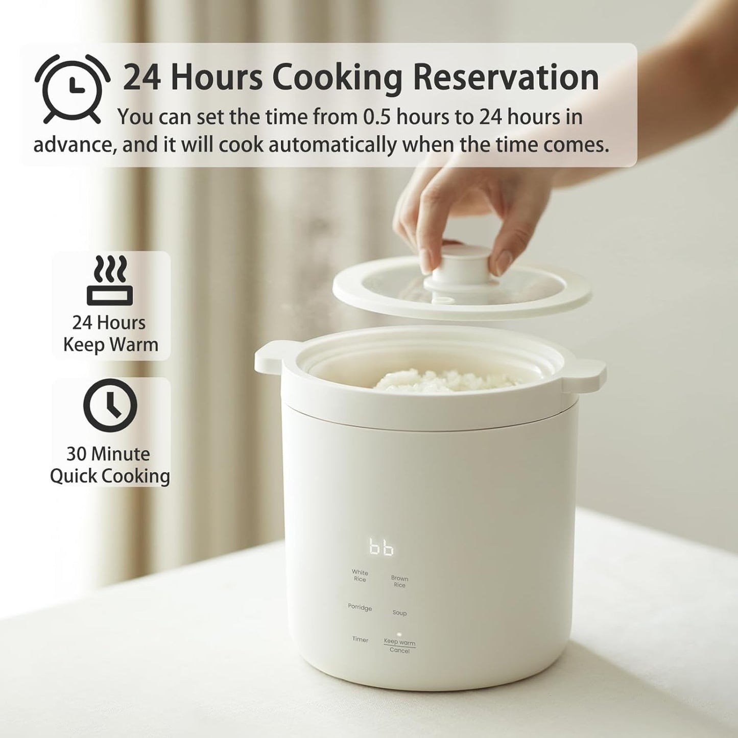 2-Cup Compact Rice Cooker with Four Cooking Functions, 24-Hour Preset, Keep Warm Feature, and Heat-Resistant Carry Handle