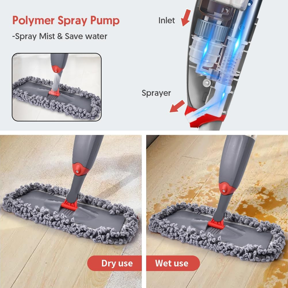Spray Mop for Floor Cleaning - Microfiber Dry/Wet Mop with 3 Washable Pads & 435ML Refillable Bottle, Ideal for Hardwood, Laminate, and Tile Floors, Gray