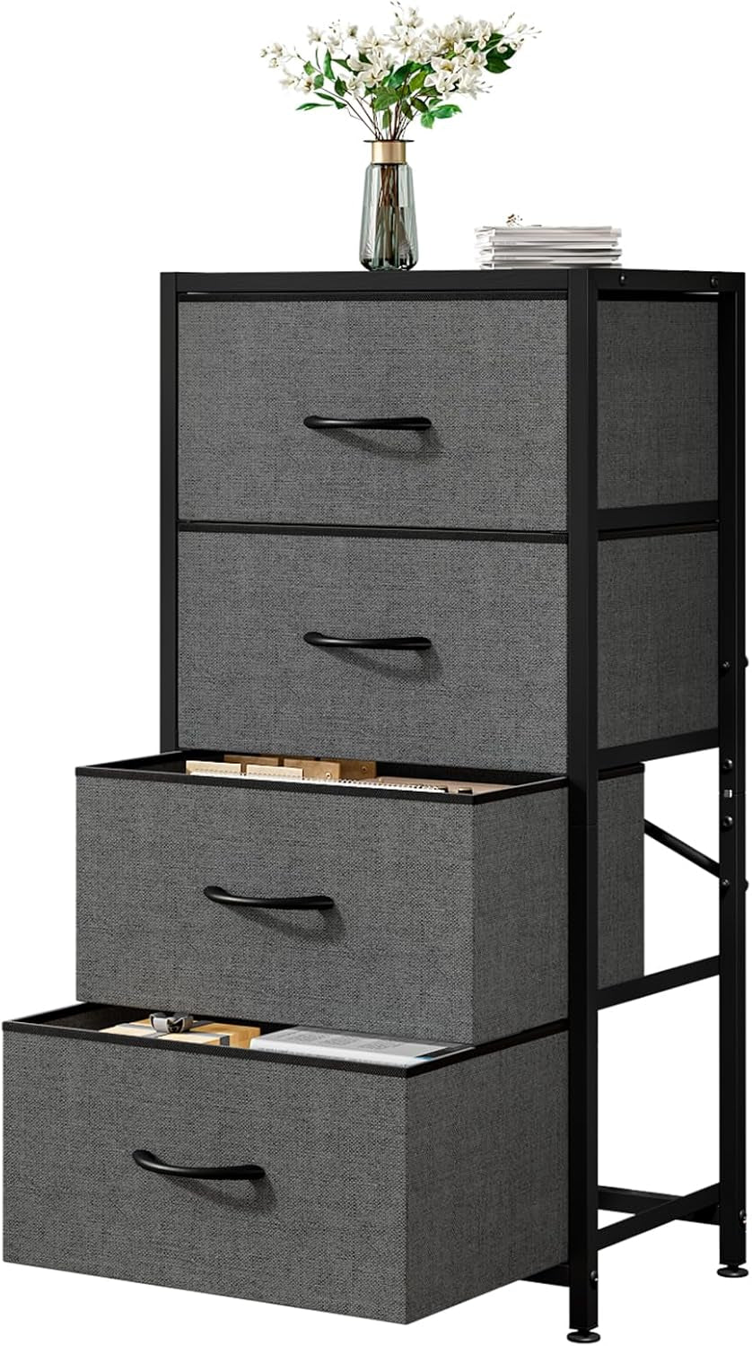 4-Drawer Dresser Vertical Storage Tower Fabric Dresser for Bedroom, Hallway, Entryway, Closet Organizer, Nightstand Bedside Table Furniture,Wooden Top (4-Tier, Black)