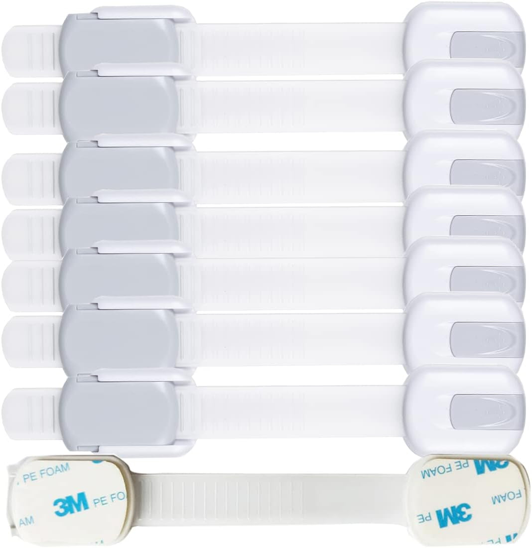 Child Safety Cabinet Locks with Extra 3M Adhesive - No Screws Required for Drawers and Cupboard Doors (8-Pack)