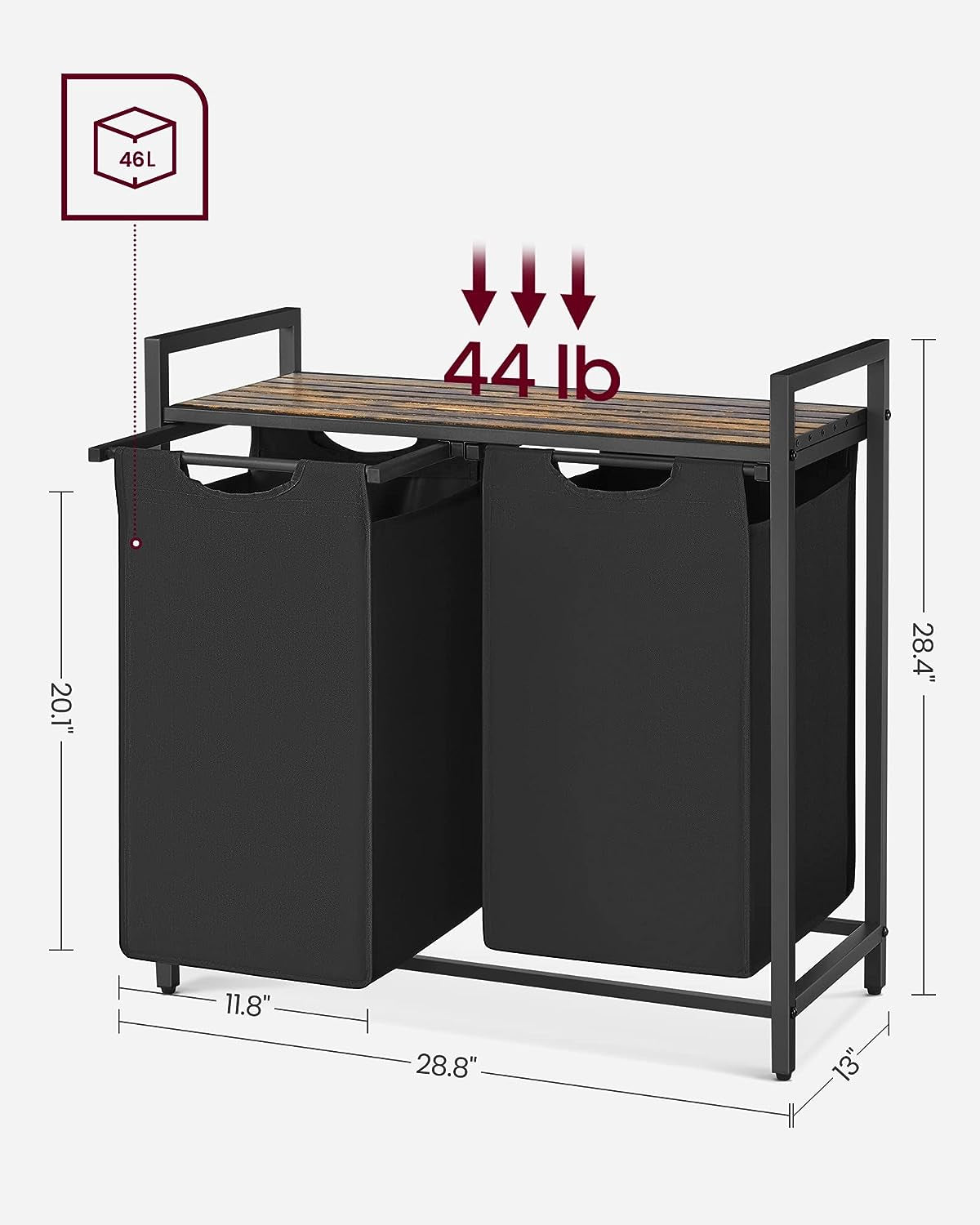Rustic Brown and Black Laundry Hamper with Metal Frame, Dual Pull-Out Removable Bags, and Shelf - (46L), 28.8 x 13 x 28.4 Inches
