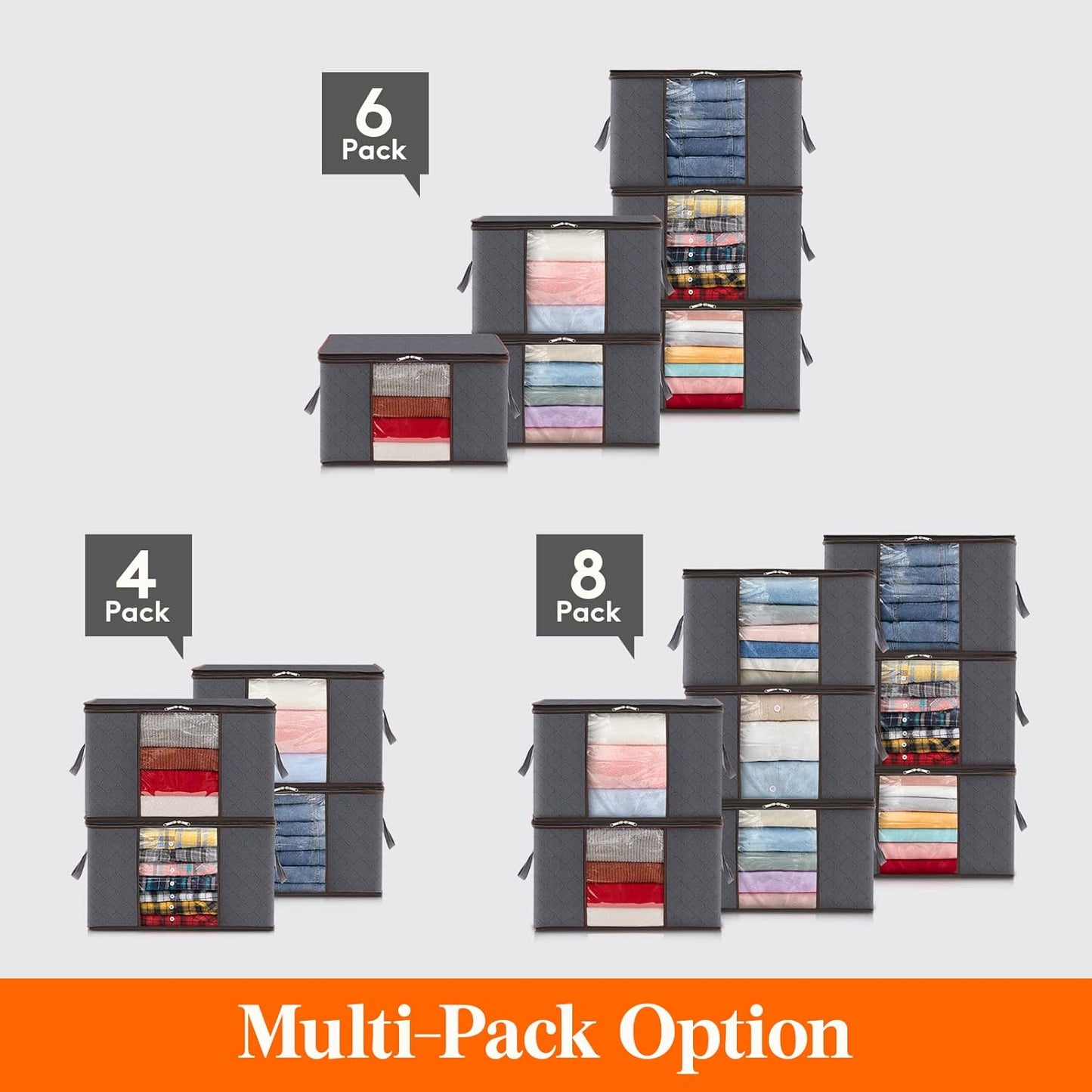 6-Pack Foldable Clothes Storage Bins - Reinforced Handles, Sturdy Zippers, Clear Window Design for Organizing