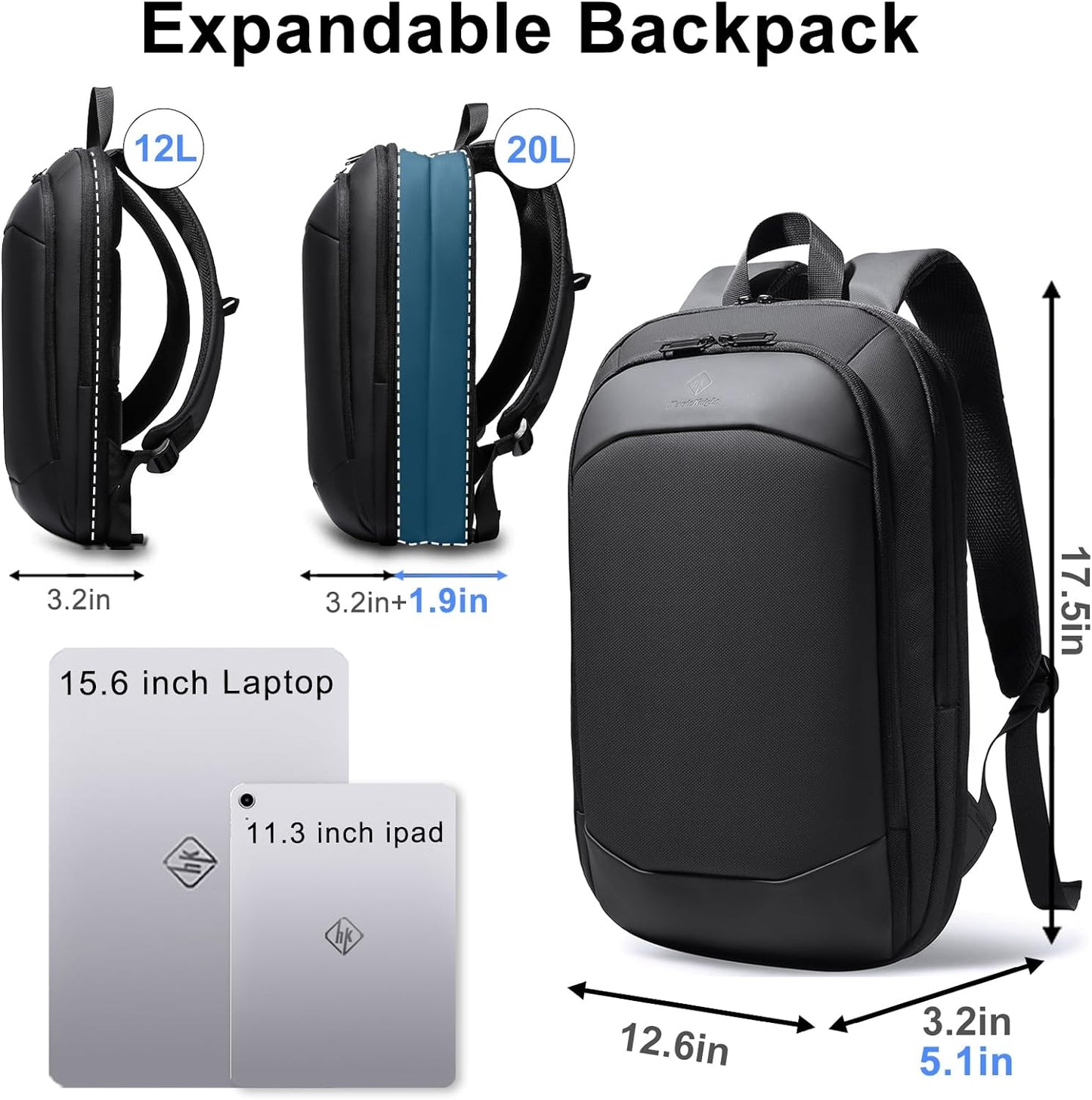 Slim Laptop Backpack, Waterproof Expandable Business Backpack, 15.6 Inch Lightweight Anti-Theft Travel and College Daypack
