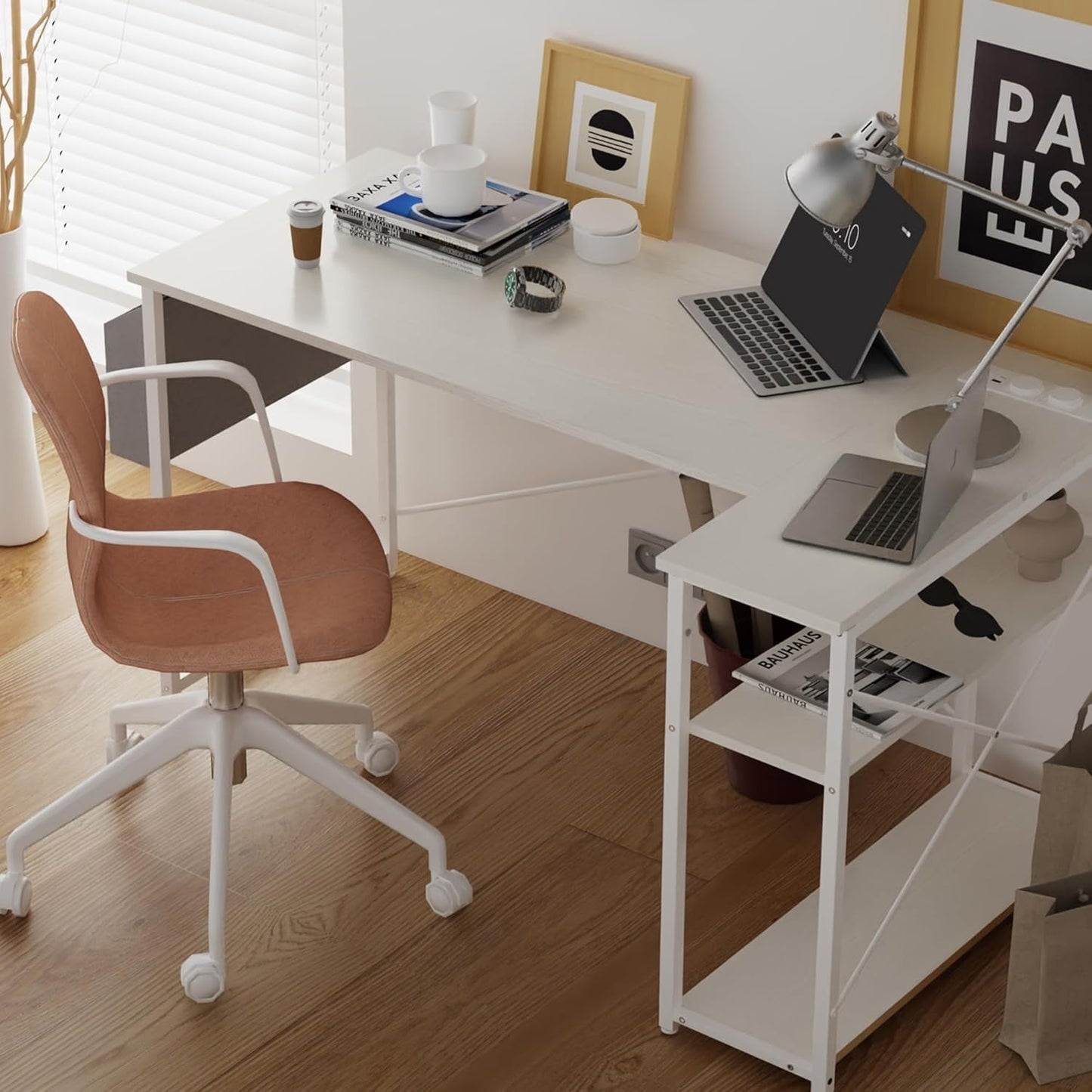 L-Shaped Computer Desk with Power Outlets, 40-Inch Reversible Shelves - Gaming and Home Office Use in Small Spaces, White
