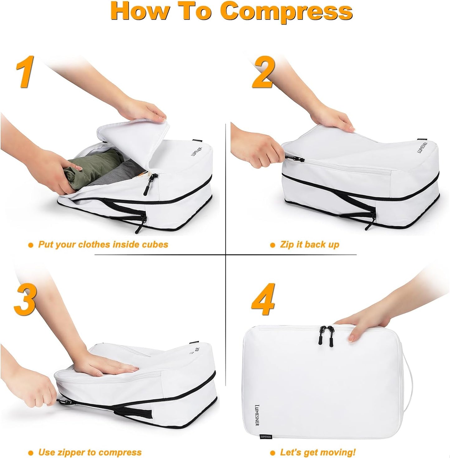 Compression Packing Cubes Set - 8-Piece Travel Organizers for Carry-On Suitcases in White