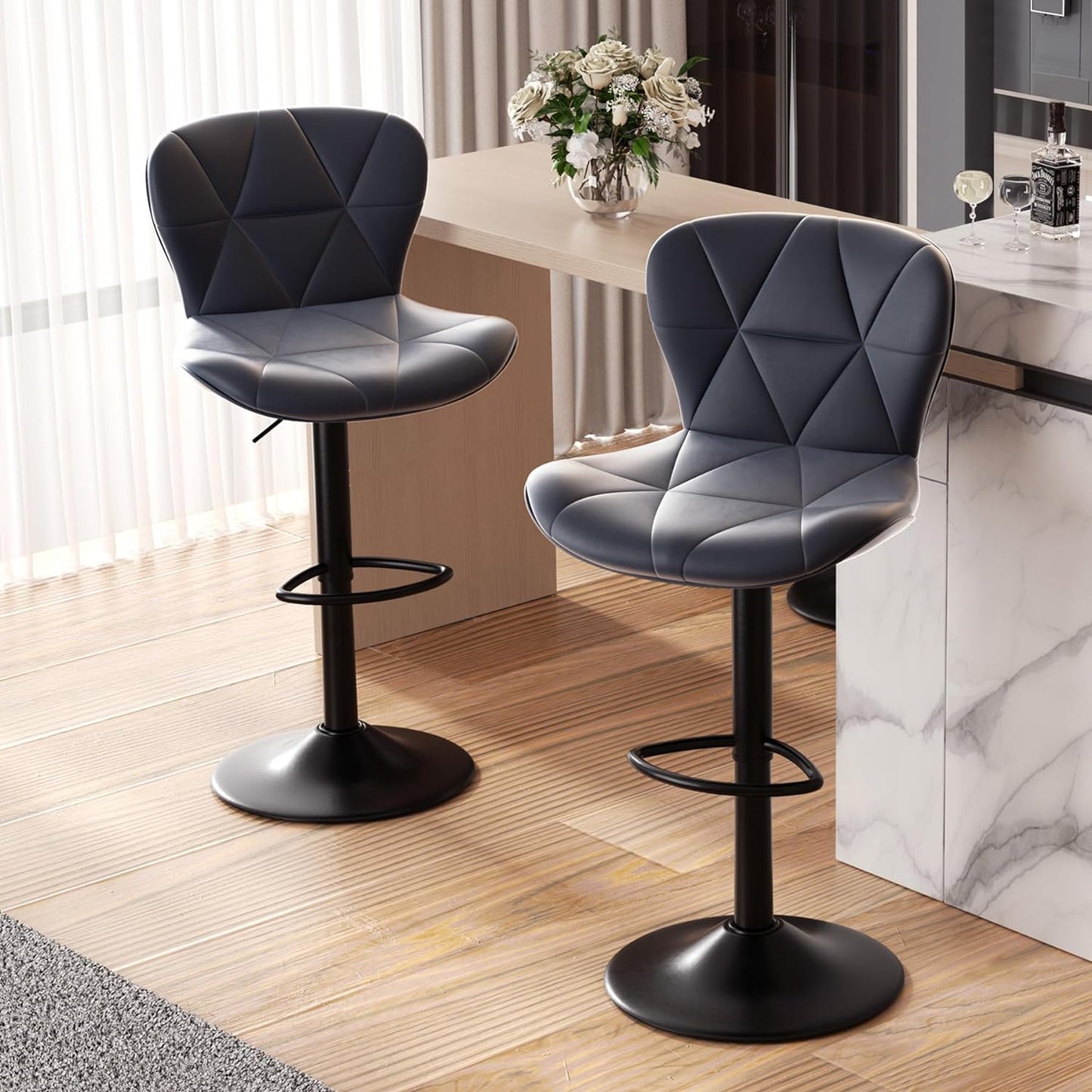 Set of 2 Adjustable Faux Leather Upholstered Swivel Bar Stools with Back for Kitchen Island, Counter Height, Black
