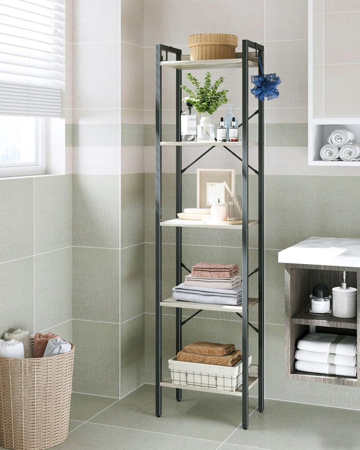 Industrial 5-Tier Bookshelf with Hooks - Greige Corner Storage Organizer for Home Office, Living Room, Bedroom, and Kitchen