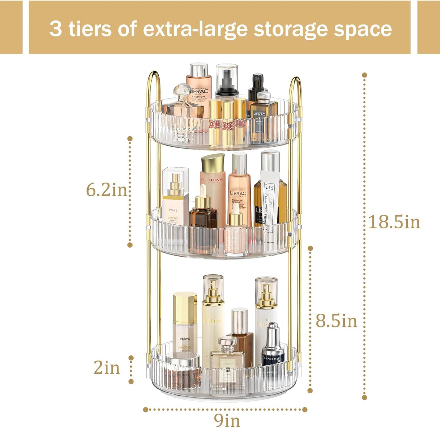 360-Degree Rotating Makeup Organizer with 3 Tiers, Spacious Skincare and Perfume Storage, Versatile Cosmetic Organizer
