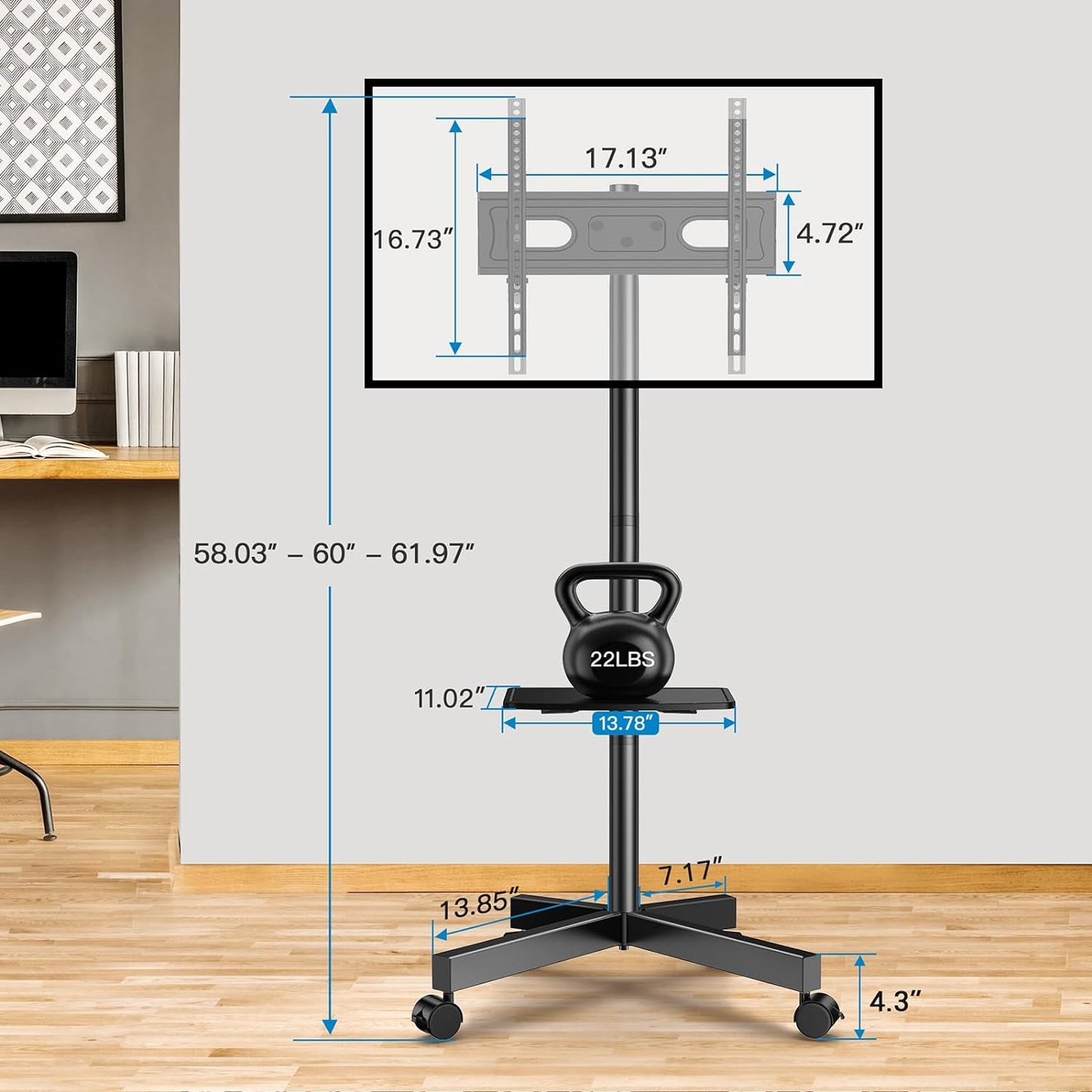 Mobile TV Cart for 23-60 Inch Screens Up to 88 lbs, VESA 400x400, Tilting Stand with Height Adjustable Laptop Shelf, Rolling Floor Stand