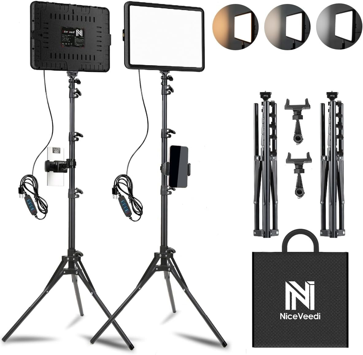 2-Pack LED Video Light Kit with Adjustable Color Temperature (2800-6500K), Dimmable Continuous Lighting, Tripod Stand & Phone Holder