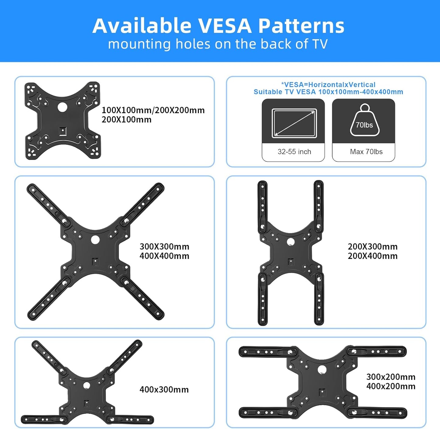 Adjustable TV Wall Mount with Swivel and Tilt Function for 32-55 Inch TVs up to 70 lbs, VESA 400x400 mm