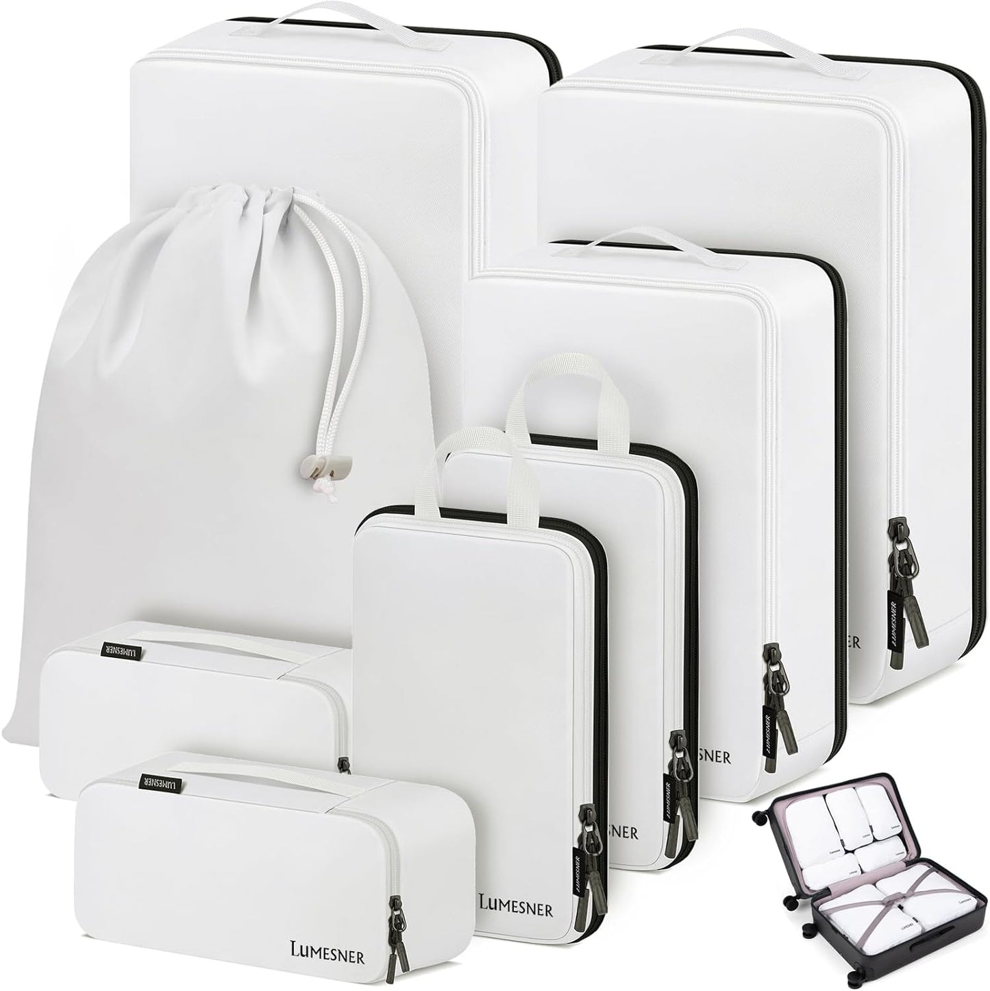 Compression Packing Cubes Set - 8-Piece Travel Organizers for Carry-On Suitcases in White