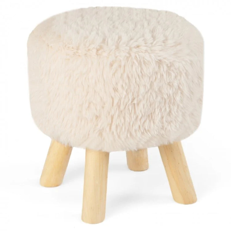 Round Faux Fur Ottoman Footstool with Padded Seat and Rubberwood Legs