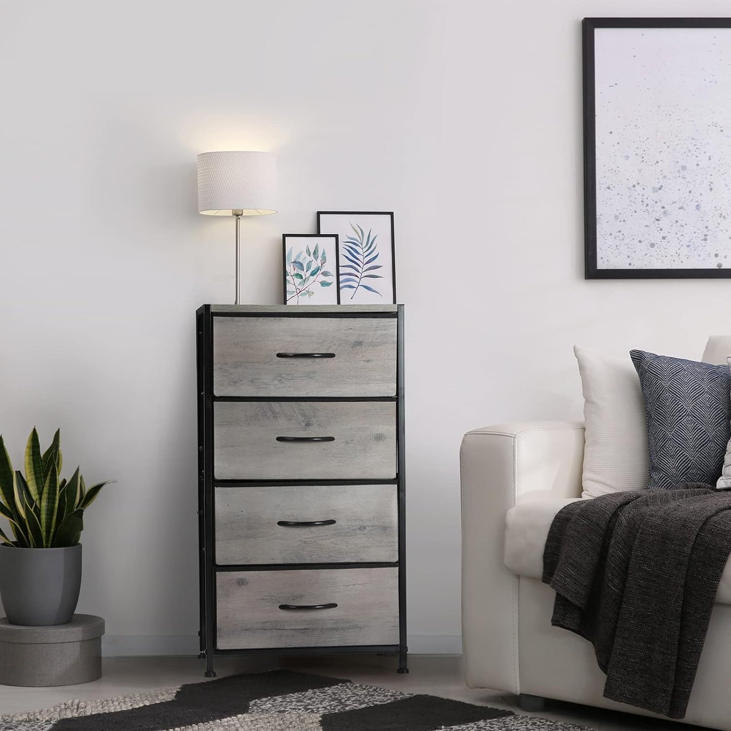 Light Grey Fabric Dresser with 4 Drawers, Sturdy Steel Frame and Wood Top