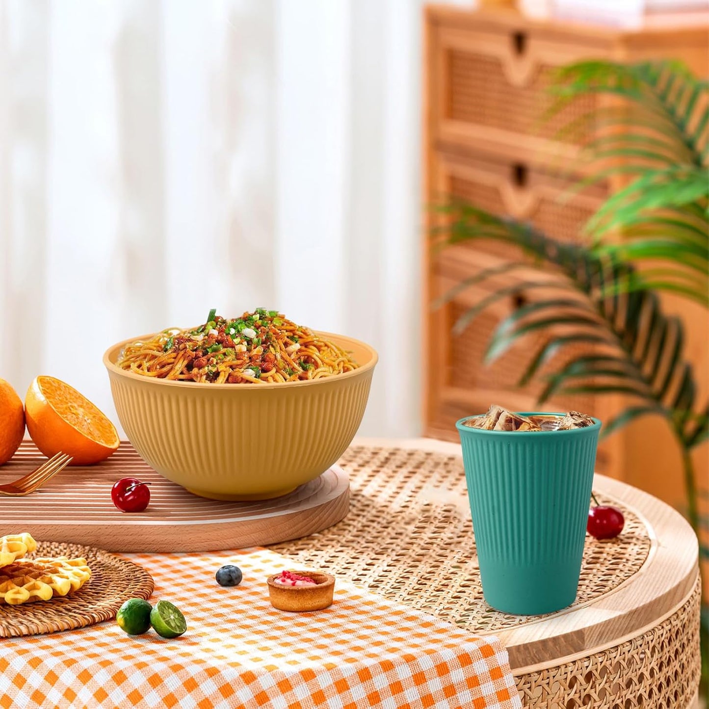 72-Piece Wheat Straw Dinnerware Set - Unbreakable, Microwave-Safe, Lightweight, Reusable Bowls, Plates, Cups, Knives, Forks, and Spoons Utensil Set (Set of 8)