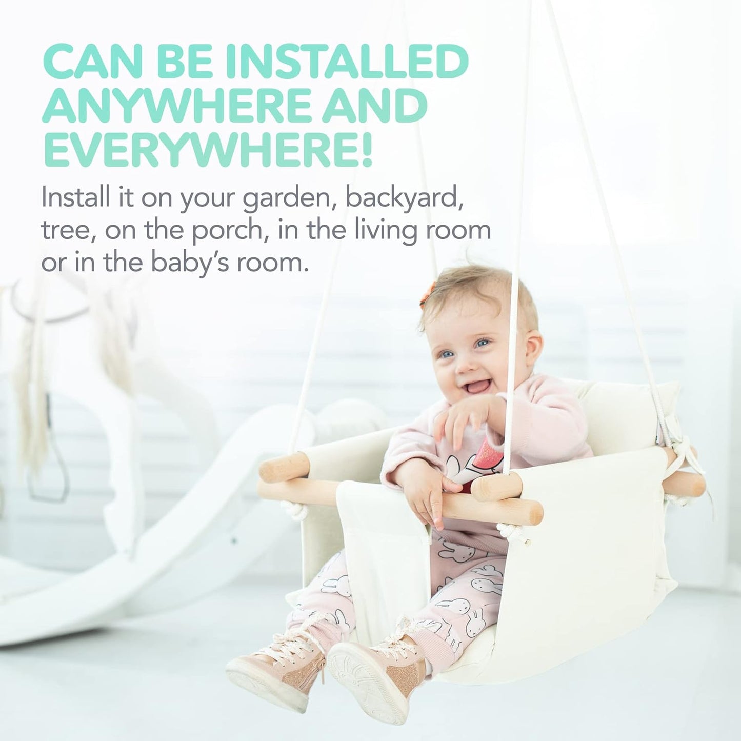 Ivory Canvas Baby Swing with Wooden Seat and Safety Belt - Durable Indoor/Outdoor Swing, Includes Mounting Hardware