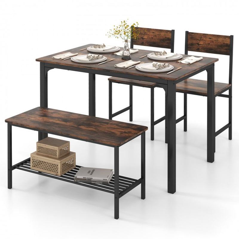 Rustic 4-Piece Dining Table Set with Two Chairs and Bench