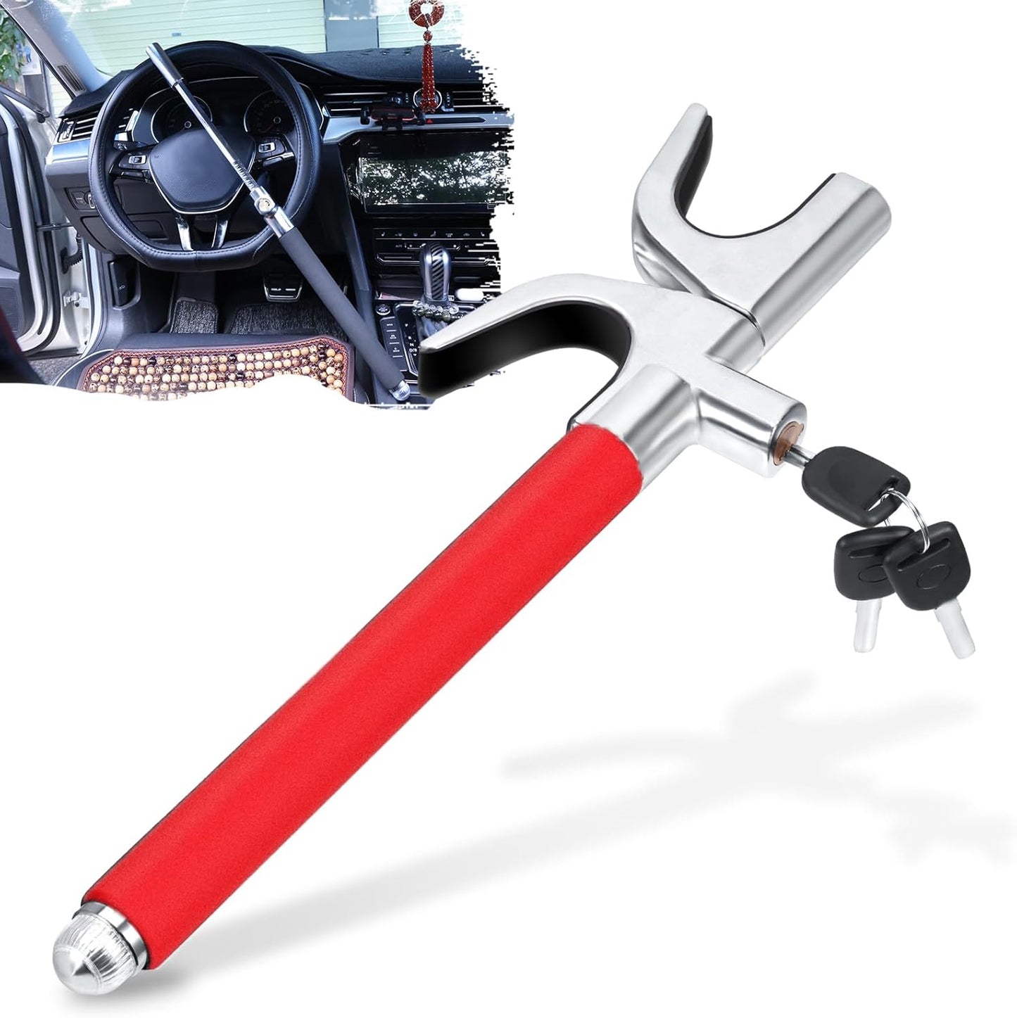Adjustable Steering Wheel Lock with Anti-Theft Features and 3 Keys - Cars, Vans, and SUVs (Black)