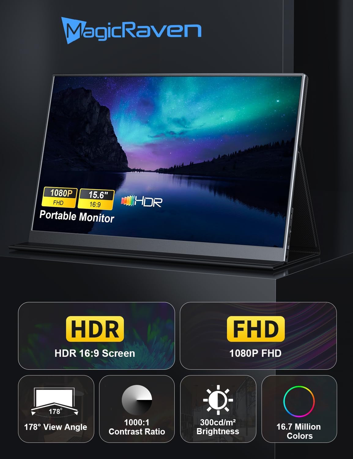 15.6-Inch Portable 1080P FHD Monitor with USB-C and HDMI Connectivity, HDR Eye Care External Display with Smart Cover