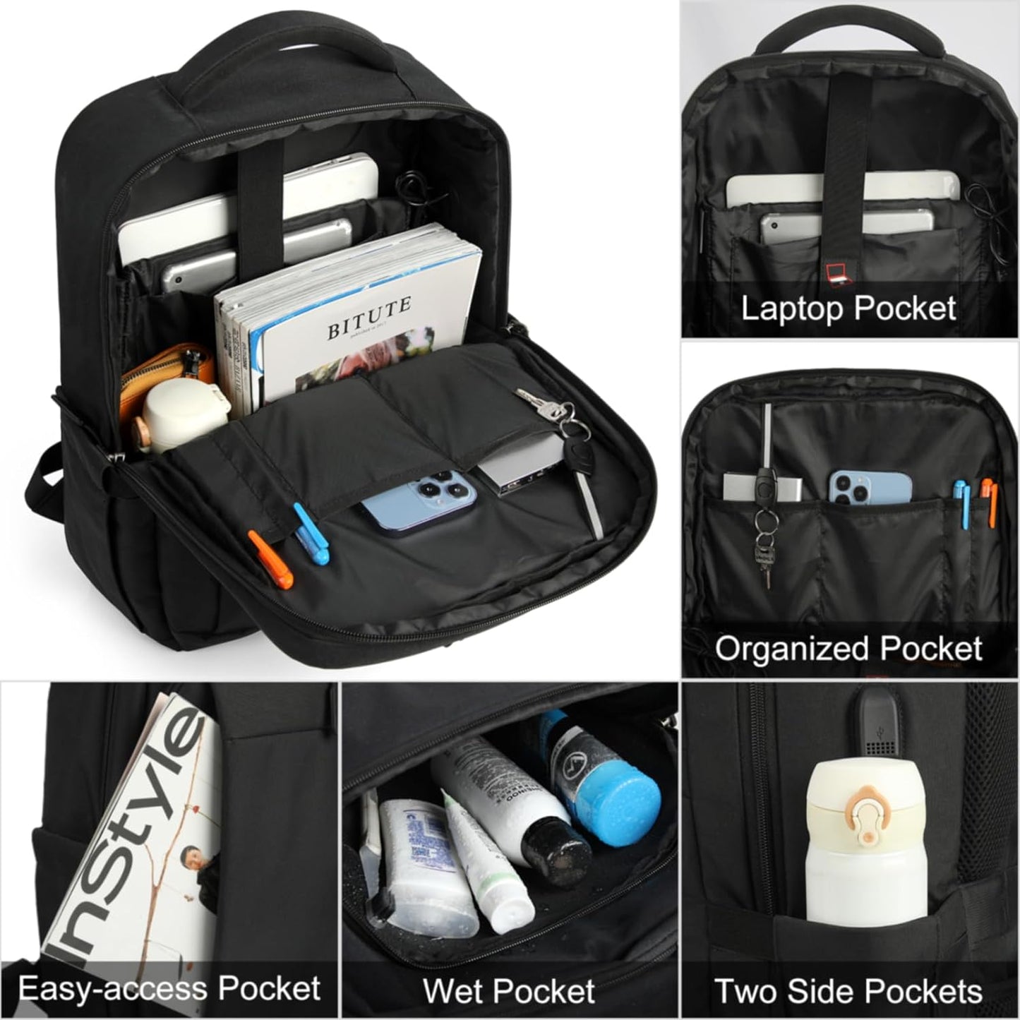 15.6-Inch Anti-Theft Laptop Backpack with USB Charging Port - Large Waterproof Travel Backpack for Work and School, Black