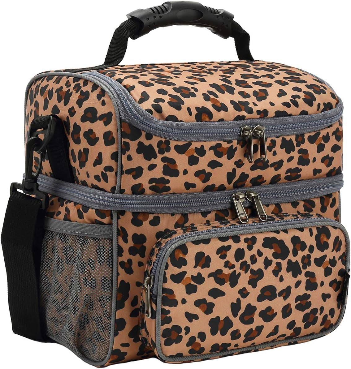 Insulated Adult Lunch Bag - Large Double Layer Cooler Tote with Adjustable Strap, Front Pocket, and Mesh Side Pockets in Army Green